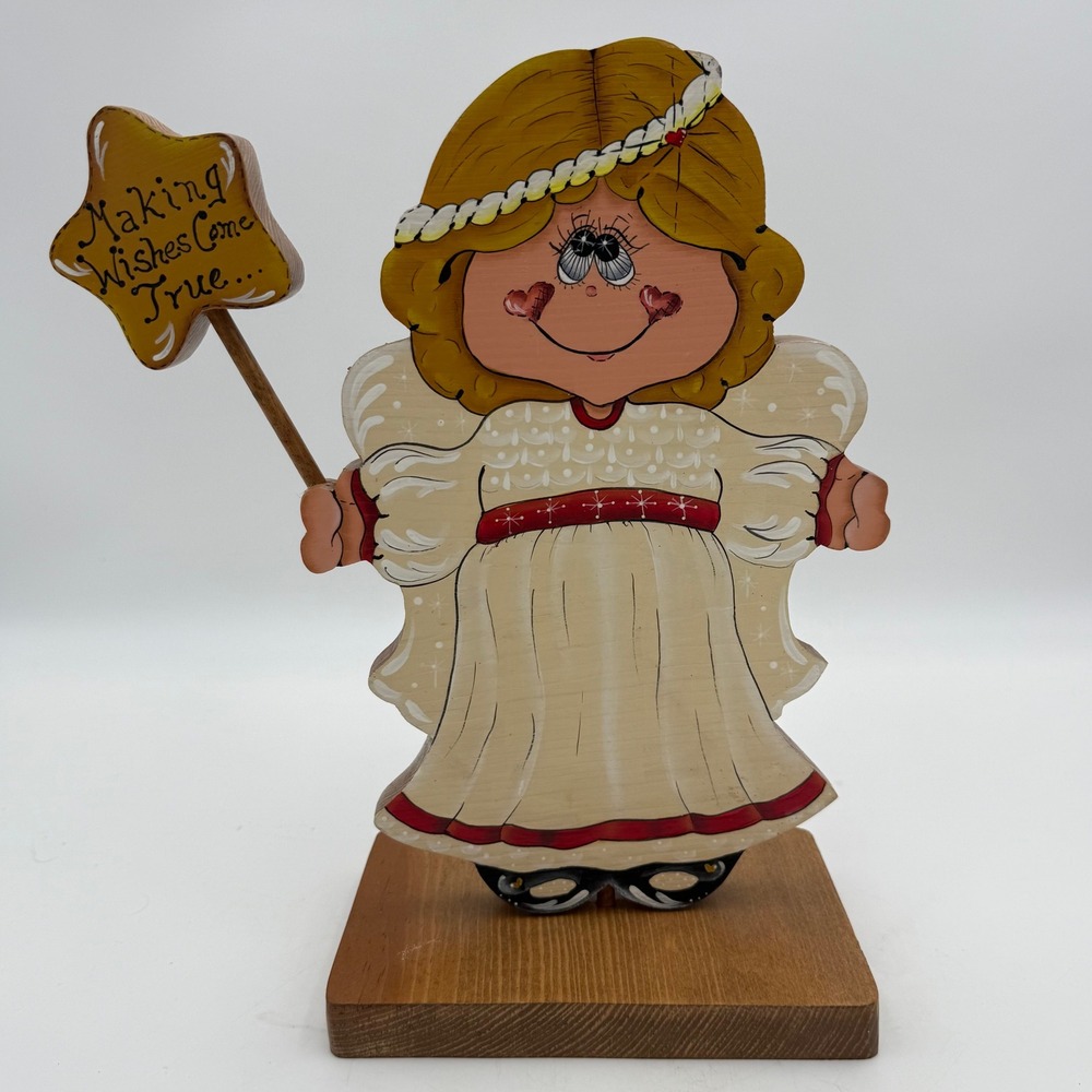 Vintage 1990 Hand Painted Wood Angel Figurine Making Wishes Come True Folk Art